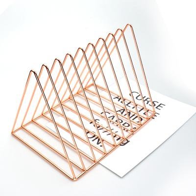 China Standing Type Triangle Shape Iron Wire Mounted Gold Desktop Book Magazine Organizer Bookends Holder for sale