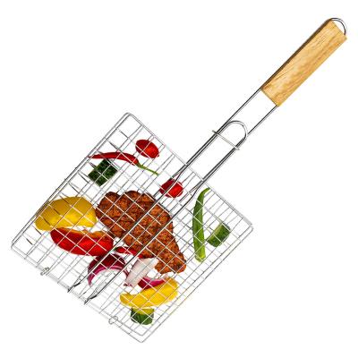 China Easily Cleaned BBQ Net Grilling BBQ Grill Basket For Grilling Fish Vegetable Arbecue Net Handle BBQ Wood Tool for sale