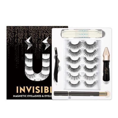 China Soft synthetic lashes no logo black box 5 pairs 3d silk synthetic hair lashes invisible magnetic eyelash kits 4 in 1 pack for sale