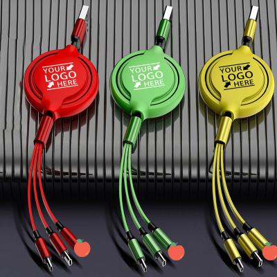 China Custom LOGO Fast Charging Speed ​​3 In 1 Retractable USB Cable 1m USB Charger Charging Cord For Type-C Phone iPhone Android Charging Cable for sale