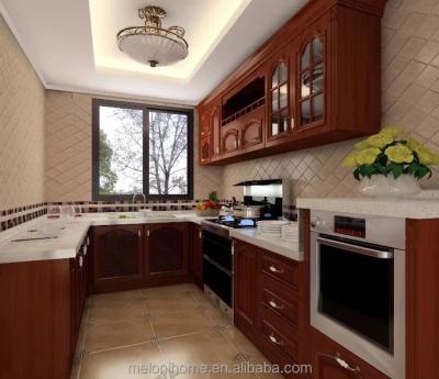 China Contemporary U-shape solid wood kitchen, shaker kitchen with glass door, red oak wood open plan kitchen for sale