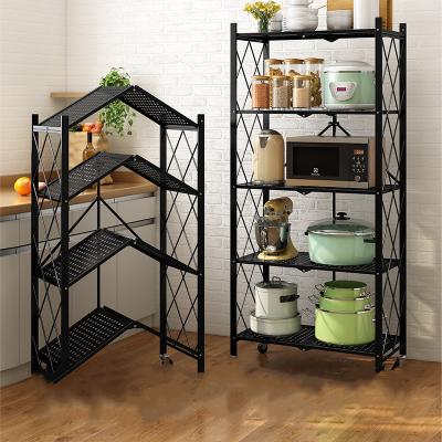 China Sustainable Installation Free-Standing Folding Kitchen Racks Floor-standing Multi-Layer Carts For Pots Storage Racks And Microwave Ovens For The House for sale