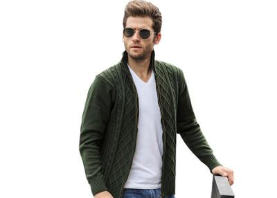 China Jacquard Thick Long Cable Knitted Full Zip Army Green Cardigan Sweaters For Mens for sale