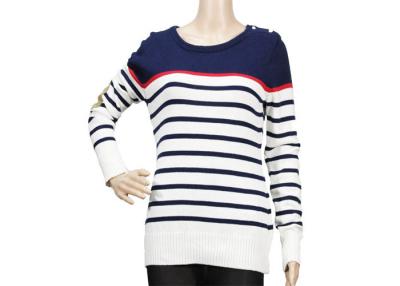 China Classic Striped Womens Knit Sweater Slim Fit Crew Neck Button Up For Ladies for sale