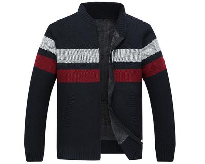 China Plus Velvet Padded Zipper Stripe Mens Stand Collar Cardigan for sale