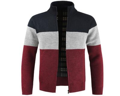 China Mandarin Collar Zipper Mens Yarn Dyed Striped Cardigan for sale