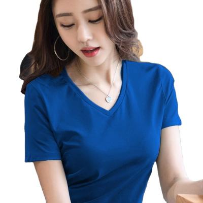 China 2022 New Anti-Wrinkle V-neck Customized T-shirt Women's Short Sleeve Cotton Basic Soft Top Shirt By Logo Plus Size for sale