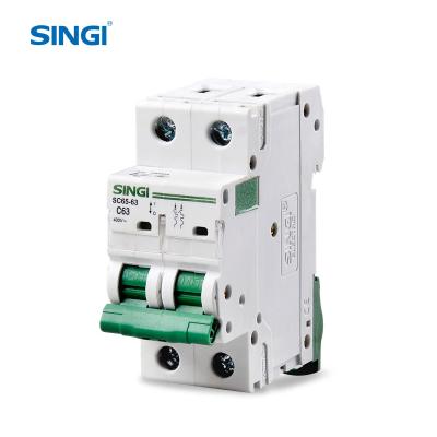 China PA66 Singi SC65-63 2Pole manufacturer supply new design 10000A breaking capacity mcb price for sale