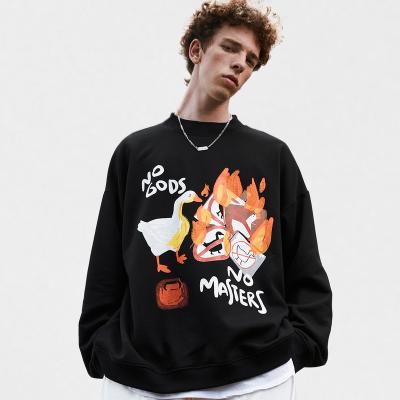 China Anti-wrinkle Fall and Winter OEM Men Black and Pink Two Color Shear Crewneck Printed Cartoon Streetwear Pullover Sweatshirts Custom for sale