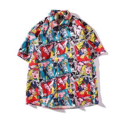 China 100% Digital Printed Hip Hop Cartoon Collar Casual Shirts Summer QUICK DRY Polyester Half Sleeve For Women Blouse for sale