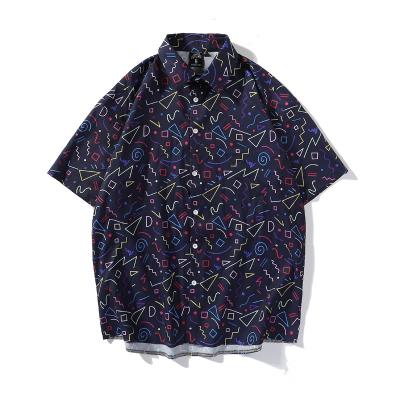 China Black Quick Dry Polyester Casual Loose Geometric Number Fashion Summer Shirts Full Printing Factory For Men Tokyo 2021 for sale