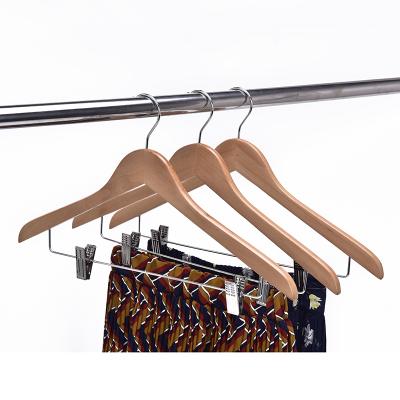 China New arrival factory custom made natural wood coat hanger, wood top clothes hanger with clips for sale