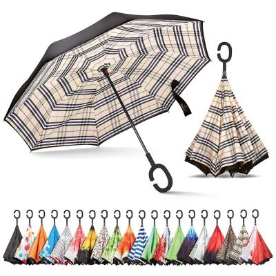 China Modern High Quality Windproof Reverse Fold Inverted Car Umbrella With C Handle for sale