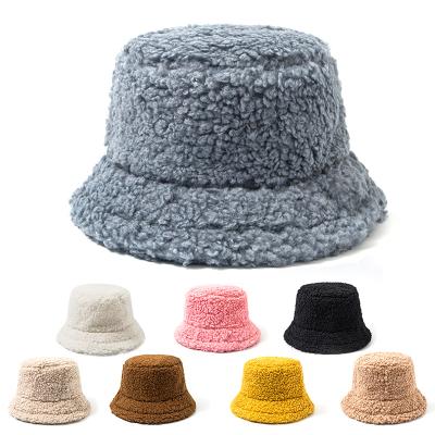 China Solid Color Winter Fashion Lambskin Fisherman Warm Woolen Furry Fur Bucket Hats Women Winter Fluffy Hats for sale