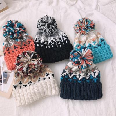 China COMMON Girls Headwear Women's Beanie Hats Wholesale Pom Pom Stripe Knit Cute Winter Cuff Hats for sale