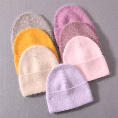 China Cashmere Fluffy Beanie Knitted Ladies Warm Wool Autumn Female Beanie Knitted Hat Solid Color Women Winter COMMON Hats for sale