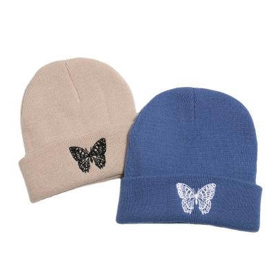 China COMMON Warm Ski Hat Women's 2021 Winter Hats Custom Knit Beanie Butterfly Embroidery Beanie Hats for sale