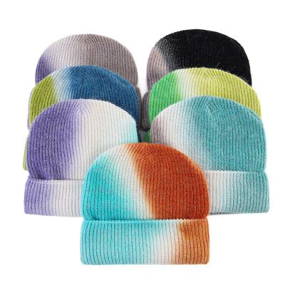 China Fashion COMMON Cool Style Tie Dye Colorful Knitted Rainbow Winter Beanie Warm Hat For Woman Lady for sale