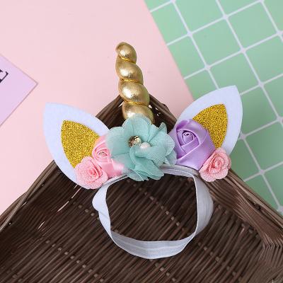 China Unique Girls Headband Hair Accessories Gold Horn Headbands Cat Ear Unicorn Birthday Headband Flowers Fashion Party Supplies for sale