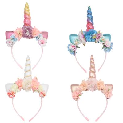 China Fashion Party Cosplay Gift Baby Glitter Unicorn Horn Headband Unicorn Kids Elastic Hair Accessories Flower Headband For Girls for sale