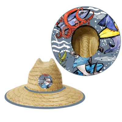 China Breathable Wholesale Custom Cartoon Pattern Natural Grass Kids Straw Beach Lifeguard Hat Cowboy Hats for sale