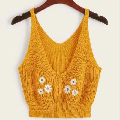 China Anti-Wrinkle Casual Deep V Neckline Daisy Floral Embroidered Cropped Tank Sleeveless Top for sale