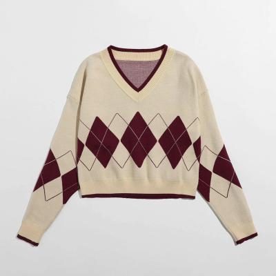 China Casual Khaki Geometric Shoulder Argyle Pullovers Anti-Wrinkle V-Neck Drop Sweater for sale