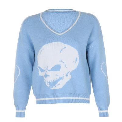 China Comfortable White Blue Skull Print V-Neck Knitted Sweater Anti-wrinkle and loose for sale