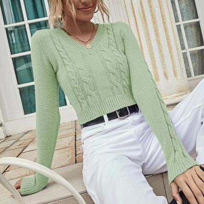 China Casual Mint Mint Green V-Neck Thin Solid Cable Anti-wrinkle Knit Short Sweater for sale