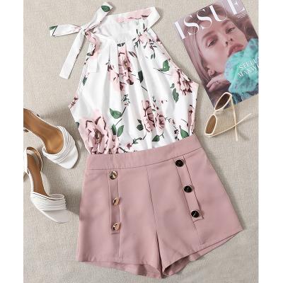 China Non-stretch anti-pilling floral halter top women's clothing set two-piece polyester with double button shorts for summer for sale