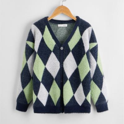 China V Neckline Knitted Pure Nylon Argyle Pattern Boys Anti-pilling Sweater Cardigan for Autumn Winter for sale