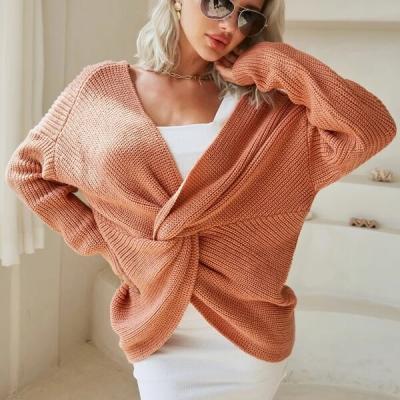 China Anti-Wrinkle Orange Deep V-Neck Casual Burnt Long Sleeve Drop-Shoulder Twisted Ribbed Knitted Sweater for sale