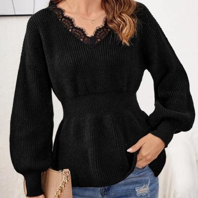 China Anti-Wrinkle Color Lace V-Neckline Long Sleeve Elegant Black Contrast Sweater Sweater for sale