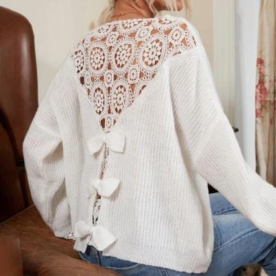 China Anti-wrinkle guipure lace casual rib knit round drop shoulder bow neck oversized pullover sweater for sale