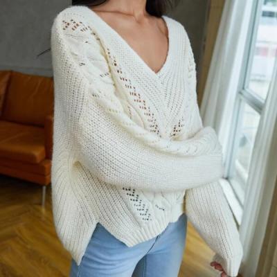 China Anti-Wrinkle Casual Beige Ribbed Knit V-Neck Long Sleeve Drop-Shoulder Oversized Pullover Sweater for sale