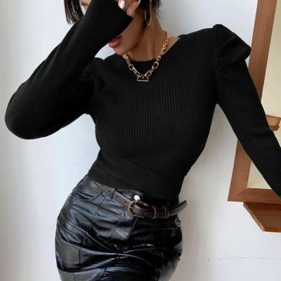 China Anti-Wrinkle Stylish Black Ribbed Knit Slim Fit Round Neck Puff Sleeve Pullover Sweater for sale