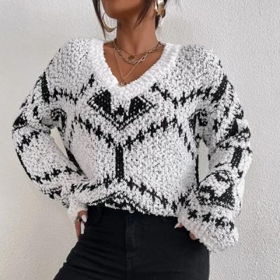 China Casual Anti-wrinkle Black And White Geometric V-Neckline Fall/Winter Pullover Long Sleeve Sweater for sale