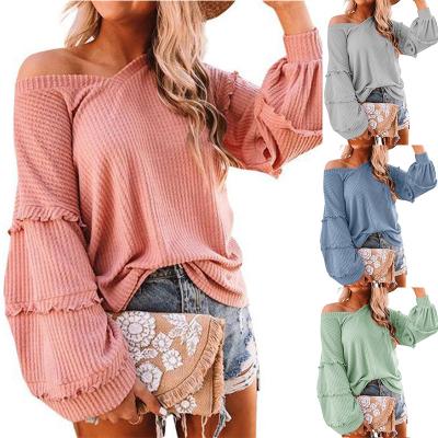 China Anti-Wrinkle Women's Pullover Waffle Weave V Neck Long Sleeves Top Blouse Throwing Ruffled Sleeve Top for sale