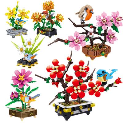 China DIY Building Brick Potted Plum Blossom New Year Flower Vase Garden Bird Plants MOC Assembly Building Blocks Model Bricks Sets Kids Toy Kit Gift for sale