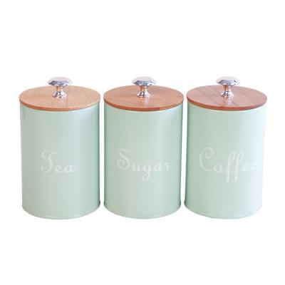 China Traditional Canister Set With Wooden Sugar Tea Coffee Metal Storage Bin for sale