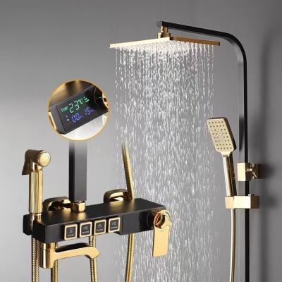 China With Slide Bar Gold Color Brass Digital Display thermostatic Shower Set Pressurized Shower Head Bathroom rain shower set for sale