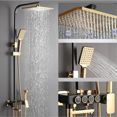 China With Slide Bar Luxury Gold Black Color Brass Bathroom Shower Set Pressurized Shower Head Waterfall Washroom Shower Set for sale