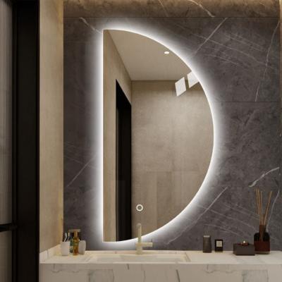 China Illuminated Personal bathroom decoration makeup mirror with led light bathroom mirror with clock anti fog half circle  custom size mirrors for sale