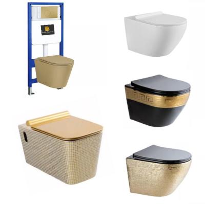 China Dual-Flush Luxury rimless design one pcs wall hung toilet sanitary ware ceramic hanging wc for sale