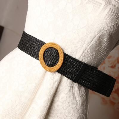 China Wholesale Adult Round Straw Woven Buckle Belt Stretch Women Braided Belt for sale