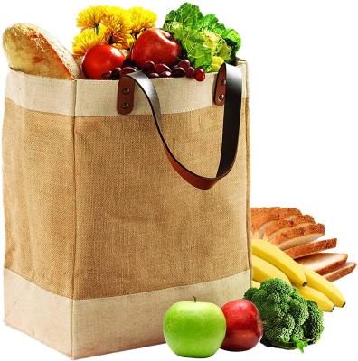 China Large Reusable French Market Jute Tote Bag Grocery with Faus Leather Straps for sale