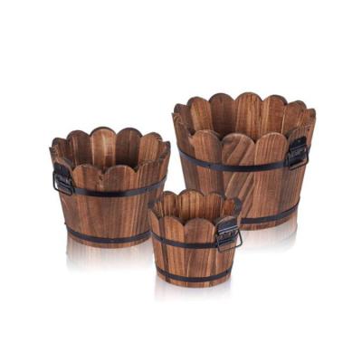 China Durable Material Eco-friendly Wooden Bucket Barrel Planter With Wooden Handle Garden Bucket Flower Plant Pots Boxes Container for sale