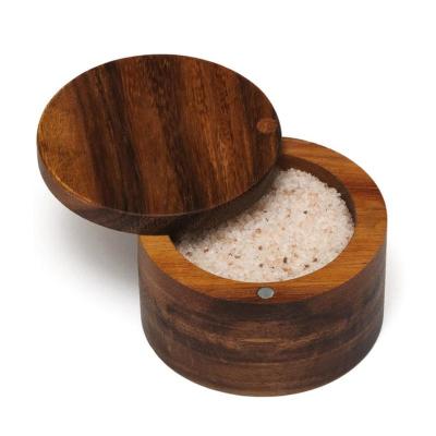 China Sustainable Wood Salt Spice Box With Swivel Cover Around Wooden Box Acacia Wood Salt Tube Spice Box for sale