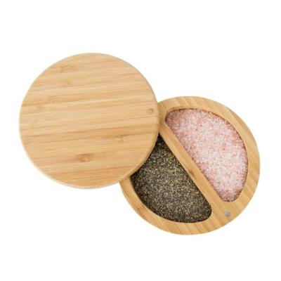 China Eco-Friendly Sustainable Bamboo Salt Box Wooden Round Storage Box Spice Box With Swivel Cover for sale