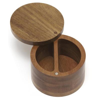 China Sustainable Kitchen Storage Organizer Handmade Acacia Wood Divided Spice Box With Swivel Cover for sale